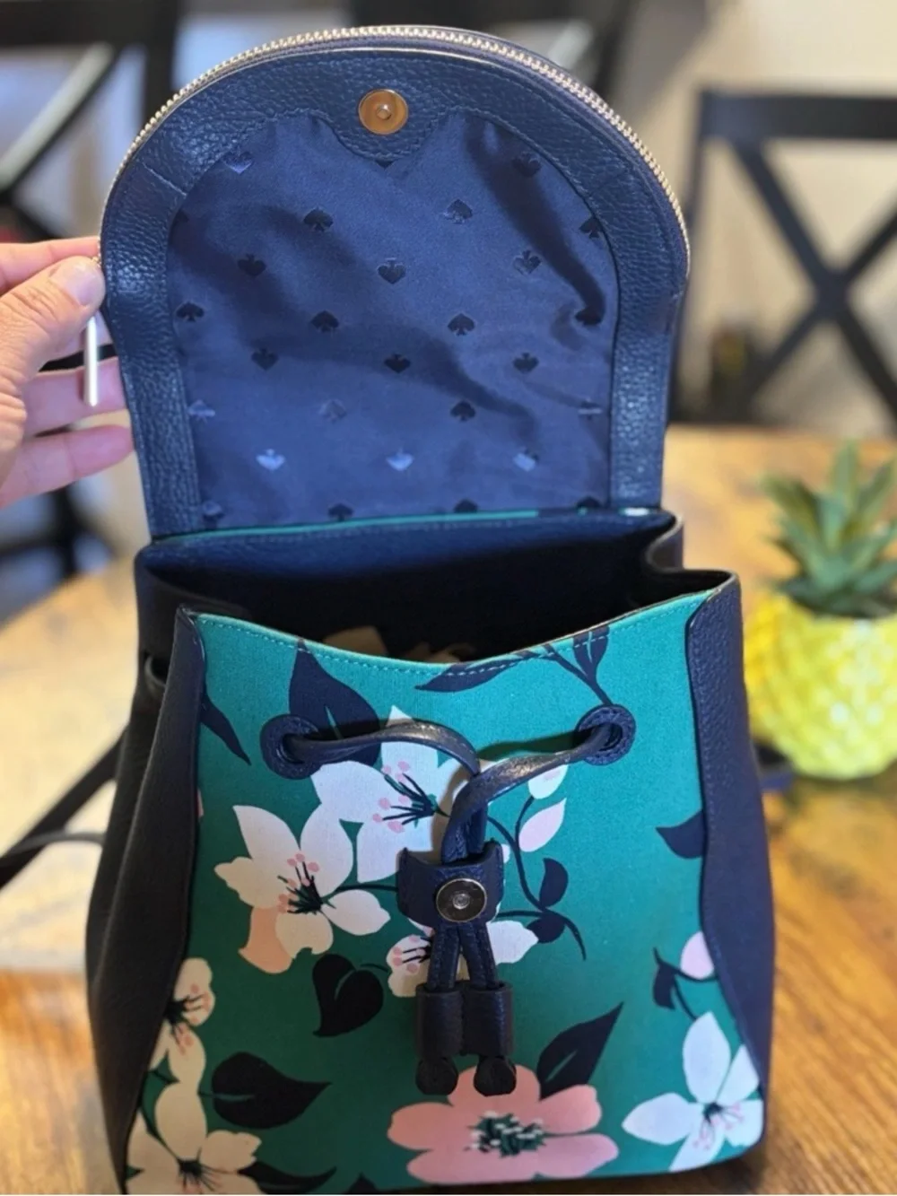 kate spade Navy Floral Green Drawstring Backpack